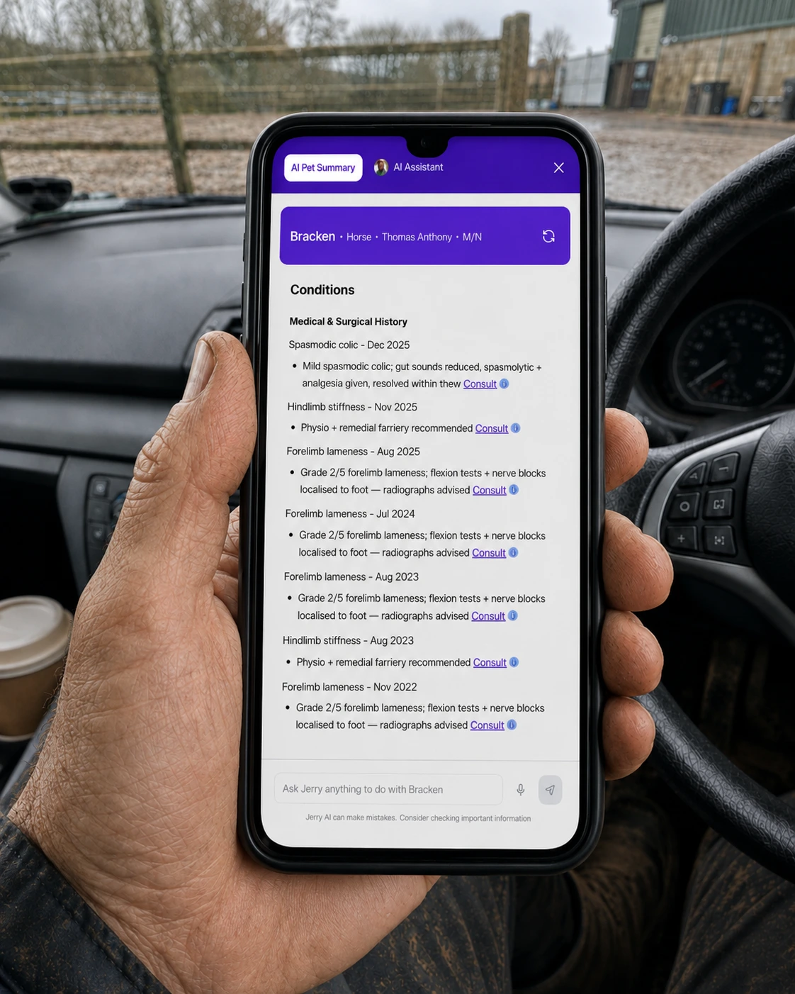 Equine vet viewing a horse's clinical history offline in the Lupa app from the car at the yard