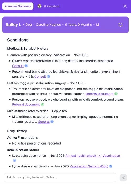 Lupa AI Animal Summary for Bailey L — conditions, medical history, drug history and immunisation status