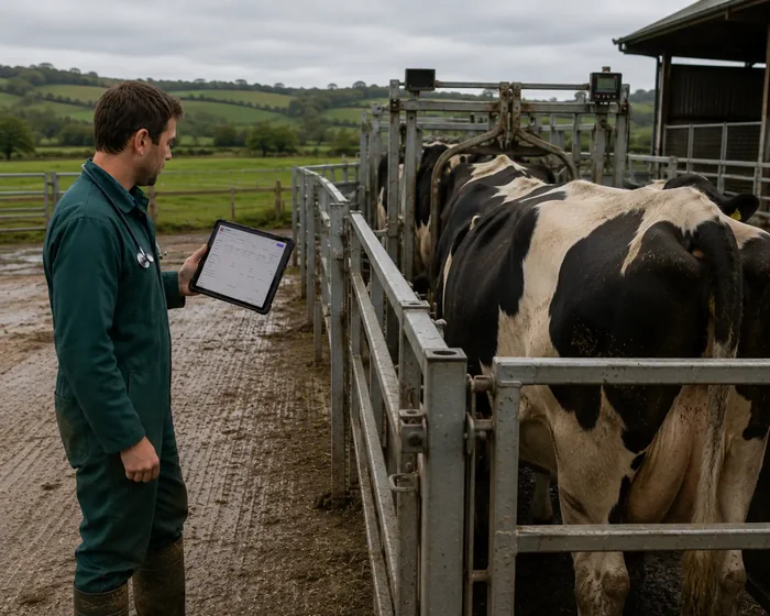 A farm vet typing on a laptop showing the Lupa patient record, subscriptions and invoicing, with cattle in the background
