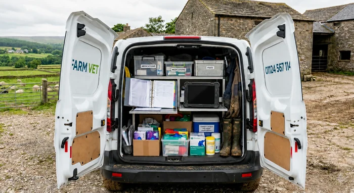 Open boot of an ambulatory vet van with medications, files, a laptop, gloves and wellies