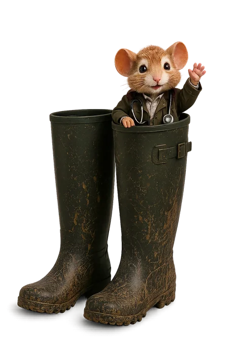 Eine Tierarztmaus in einer Wachsjacke und mit einem Stethoskop, die aus einem Paar schlammgrünen Gummistiefeln herauswinkt