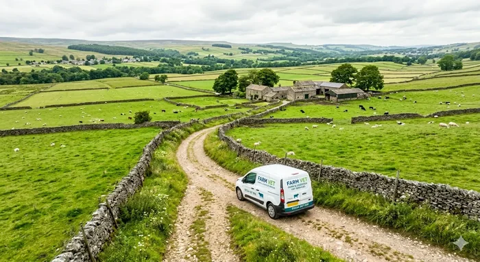 Farm vet van on a dry stone walled lane through the Yorkshire Dales