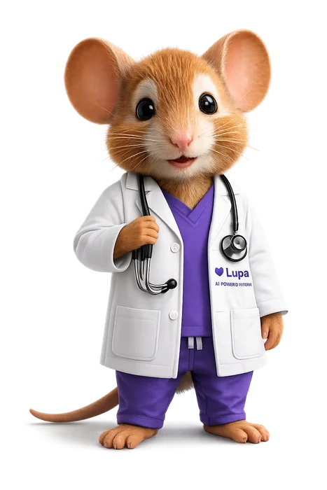 Jerry the mouse dressed as a Lupa vet in scrubs and a lab coat