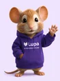 Jerry, the Lupa mascot, in a purple Lupa hoodie waving