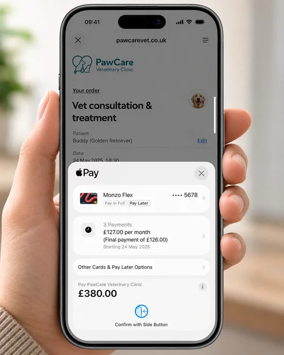 A client paying a veterinary invoice with Apple Pay and Buy Now Pay Later on their phone
